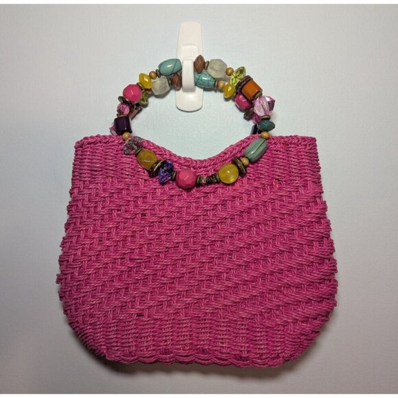 Vintage Cappelli Hot Pink Woven Straw Purse Beaded Handle Handbag Summer Bag - Picture 1 of 5
